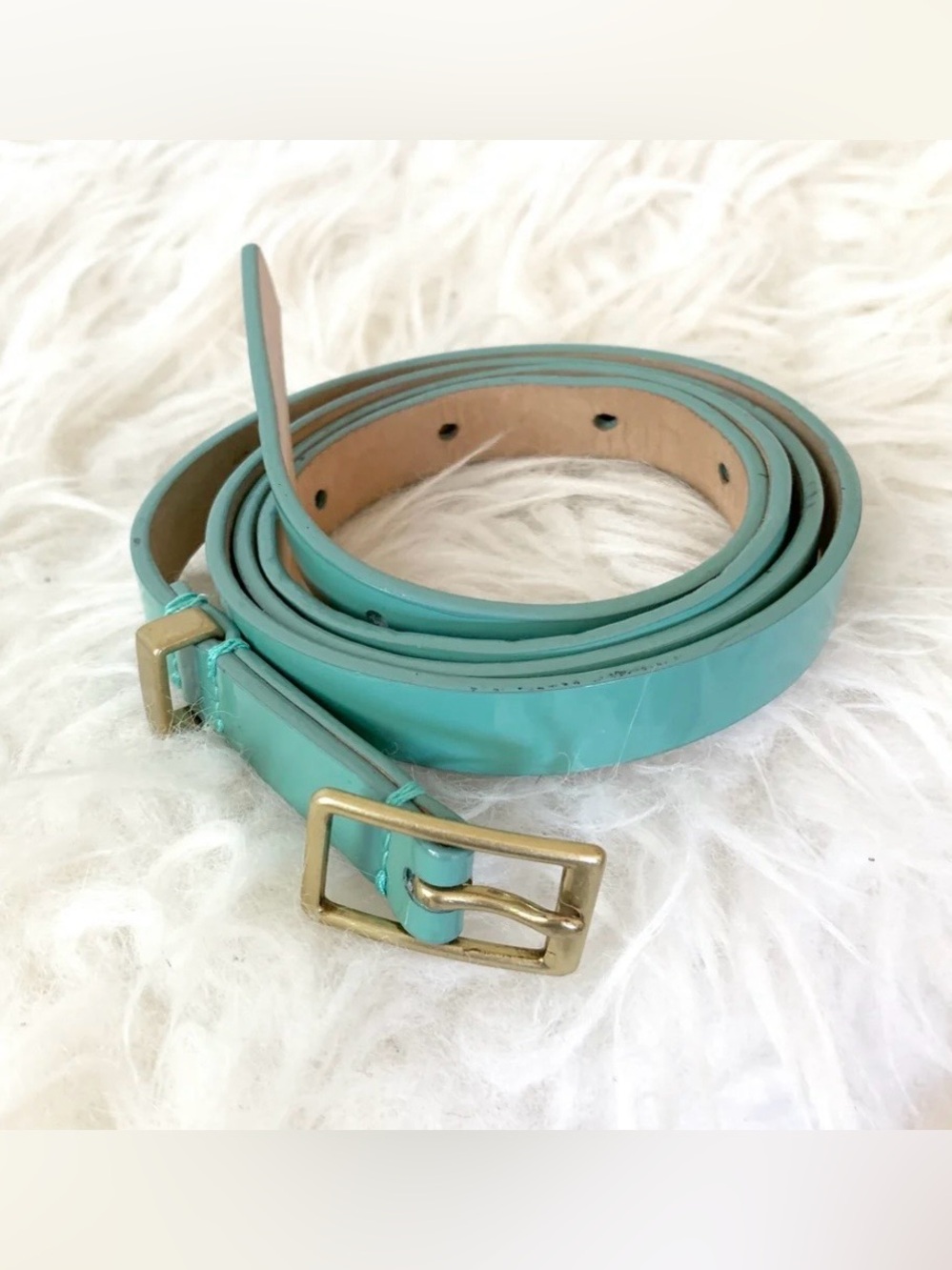 J. Crew Teal Patent Leather Skinny Belt Gold Buckle Size Small NWOT